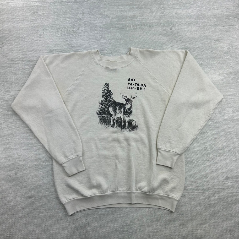 Vintage 80s Deer Nature Sweatshirt Size XL White Buck Raglan Crewneck